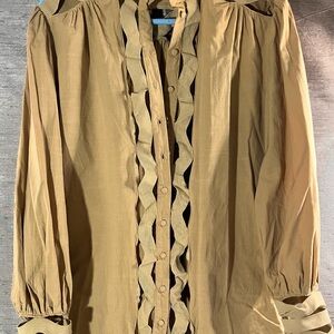 LUXE WAVE Chic Tan Button Down Blouse WITH UNIQUE DETAIL DESIGN SZ.S